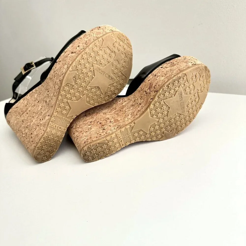 JIMMY CHOO Black Patent Leather T-Strap Platform Cork Wedge Sandals Size 38